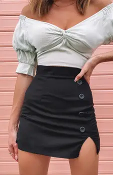 2021 Mulheres Sexy Saco De Quadril Fino-Ajuste De Uma Linha De Saia Curta E Justo De Alta-Cintura Vestido De Botão De Fenda Mini-Fenda Cor Sólida Saia