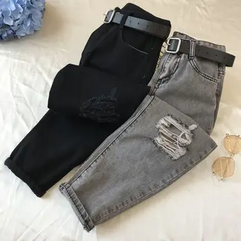 vintage Streetwear Mulheres Reta Buraco Denim Jeans Rasgados Solto e Casual Calças de Harém Preto de Cintura Alta jeans mulher de preto jean