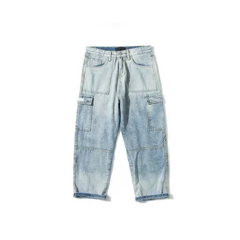 Moda Jeans Folgada, masculina Casual Hip Hop Japonês Denim de Estilo Streetwear Reta Calças Calças Cargo