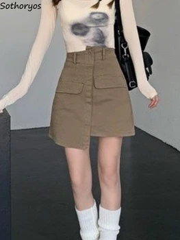 Caqui Saias das Mulheres Assimétrico em Toda a correspondência Diária Personalidade Design Elegante Império de Verão Simples Streetwear Estilo coreano Faculdades