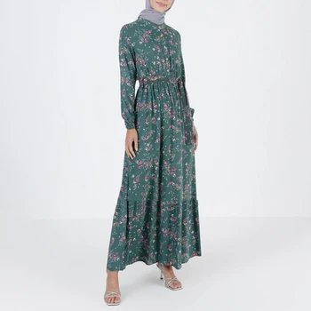 Elegante Florais Maxi Vestidos para Mulheres Eid, Em 2022, O Pescoço Longo da Luva Manto Verde Swing Vestido de árabe Muçulmano Moda Femme Roupas