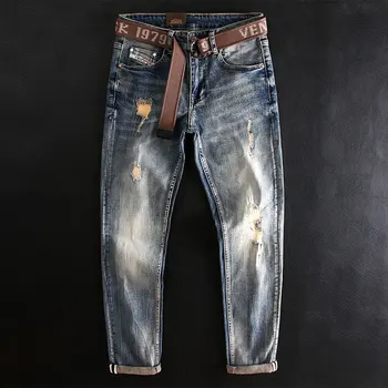 Jeans Pria Desainer Moda Jeans Sobek Tambalan Pas Badan Elastis Biru Retro Celana Jeans Katun Kasual Antik Gaya Italia Pria