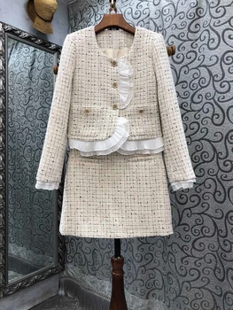 2022 nova moda feminina do terno em torno do pescoço do laço casaco de lã + slim saia curta de 2 peças do conjunto 1021