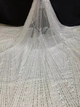 (5yards/pc) de Alto grau tubo de miçangas e lantejoulas tule bordado laço elegante, delicado branco Africano de casamento de renda francesa FAX020