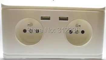 Frete grátis tipo francês de quatro círculo de Furos 250V 16A 2 USB DC 5V 2000mA branco do painel Tomada de parede estilo francês
