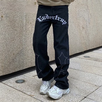 Homens Harajuku Retro Bordado da Letra Padrão Folgado Gótico Y2K Ripped Jeans Para Homens Casuais Reta Calças Jeans Calça Para Homens