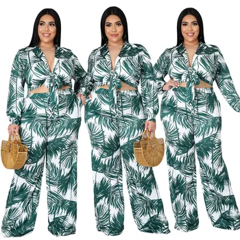 HAOOHU Bohemia Verde de Impressão Plus Size, Dois Conjuntos de peças Elegantes Lapela da Camisa E Calças Retas de Férias Sexy Crop Top Roupas 4xl
