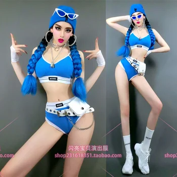 Nova Barra de Mulheres Custume para Levar Dançarina de Dança do Time Azul Biquíni de Tecido Longo Chapéu de Desempenho Fantasia Sexy de Terno