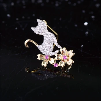 Luxo Zircão Gato Bonito da Flor de Cristal Broches para Mulheres Elegantes de Lenço de Pinos de Vestido de Noiva de Broche Pin Moda Jóias broche;