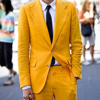 2022 Duas Botão Amarelo Noivo, Festa Formal Homens Ternos dos Homens de Ternos de Negócio 2 Peças(Casaco+Calça+Gravata)traje de novio