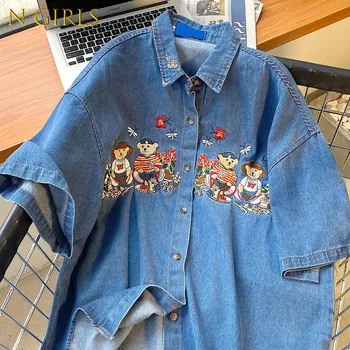 Urso Azul Bordado Em Patchwork De Jeans, Blusa Mulher Manga Curta Japonês Camisas De 2022 Verão Coreano Tops Feminino Roupas De Harajuku