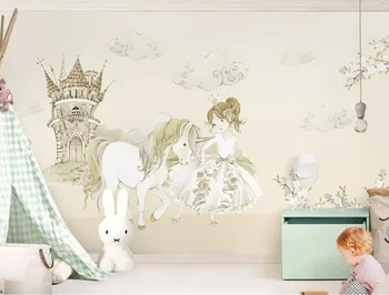 Baçal Personalizados em 3D papel de parede mural pequena princesa e de um só chifre de cavalo o castelo de conto de fadas quarto do miúdo na parede do fundo 3d papel de parede