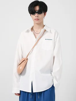 Camisa Desgaste Outono Homens do Novo coreano Moda Bordado da Letra 2023 Vire para baixo de Gola Masculino Tops de Manga Longa 2A5928