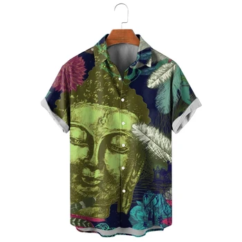 CLOOCL Camisas dos Homens de Moda Estátua de Buda de Arte Camisa de Manga Curta Polinésia Gráfico de Praia, Tops Ropa Hombre Homens Vestuário