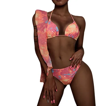 2021 Novas Mulheres Sexy Sutiã Acolchoado Bikin Senhoras Cor Estrelas Tie-dye Céu Split Push-Up com Três peças de Biquínis Maiôs moda praia moda praia