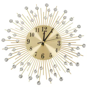 Relógio De Parede Diamantes Decorativo Relógio Redondo De Metal Decoração De Sala De Estar Tranquila De Quartzo Relógios Moderno E Minimalista Relógios(Ouro)