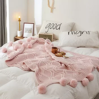 Chique Malha Cobertor Com Bolas de Chenille de Crochê Quente Colcha cor-de-Rosa Lançar Mantas para Sofá-P