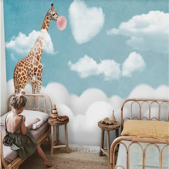 xuesu papel de parede Personalizado crianças da sala céu criativo nuvens girafa quarto de desenhos animados mural 8D waterproof o revestimento de parede