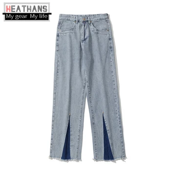 Hip Hop Homens de Jeans da coleção Primavera / Verão Rua Nova Solto calça Jeans Reta de Borda Crua Homens de Perna Larga, Denim, Calças de Moda Casual jeans Azul