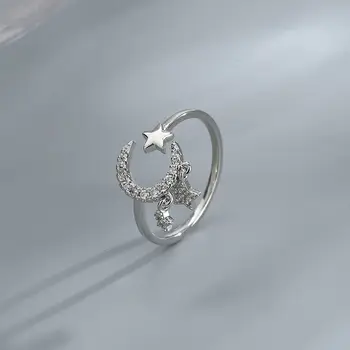 Versão coreana de moda, cor de prata brilhando zircão lua estrela abertura de anel ajustável senhoras elegantes de festa jóias requintadas presente