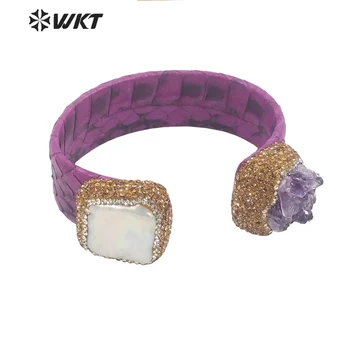 WT-B623 Lindo Boêmio de Couro genuíno de Pérola, Ametista Pulseira com Strass Handmake Dubai pedra de Diamante jóias pulseira