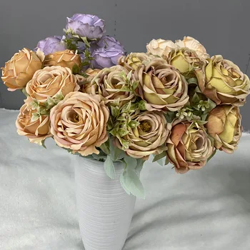 9 Cabeças de Simulação de Seda Rosa Flores Falso Flor de Casamento, Buquê de Noiva, Decoração do Presente do Dia dos Namorados