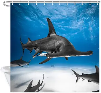 Oceano Animais Cortina de Chuveiro Grande tubarão-Martelo com o Caribe Tubarão de Recife Tecido de Poliéster Banheira Cortinas de Banheiro Conjunto com Ganchos