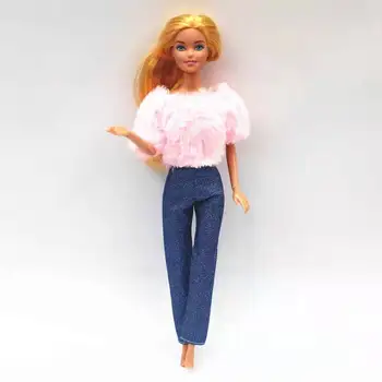 Cor-de-rosa de Moda 1/6 BJD Boneca de Roupas Para a Barbie Acessórios Roupas de Peles Topo Camisa Jeans Calças Jeans Calças Crianças Teatro de Brinquedo