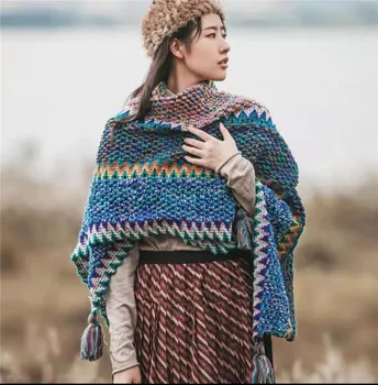 Outono e winter2022new cor de tricô estilo nacional grande xale pingente de borla mulheres cachecol moda com espessura de xale warmScarf