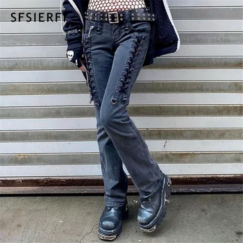 SFSIERFI Rua y2k Calças Jeans Mulheres Harajuku Hipster de Baixo crescimento Jeans Curativo de Jeans, Calças de Senhoras de Calças Gótico de Roupa Jean