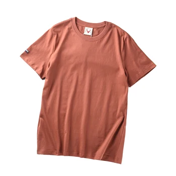 2022 Verão New American Retro de mangas Curtas com O decote de Cor Sólida T-shirt de Moda masculina de Simples 100% Algodão Lavado Velho Casual Tops