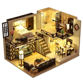 Chinês Clássico, Elegante Retro Madeira DIY Casa de Boneca Feminino Apartamento Com Móveis em Miniatura Casa de bonecas Brinquedos Para Crianças de Presente