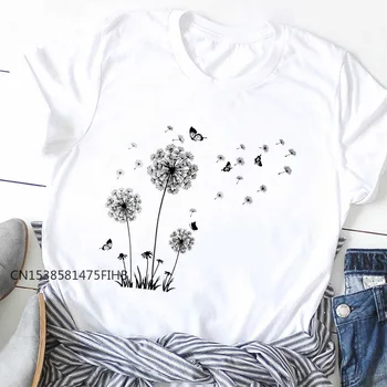 Borboleta Voar Deriva No Vento De Flores Silvestres Do Dente-De-Leão T-Shirt Das Mulheres De Verão Estética Engraçado Camiseta De Presente Para A Menina Básico Tshirt