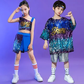 Garoto de Kpop Hip Hop Roupas de Lantejoulas grandes dimensões Camiseta Top de Cultura Streetwear Verão Calções para Menina, Menino de Dança Jazz Traje de Roupas