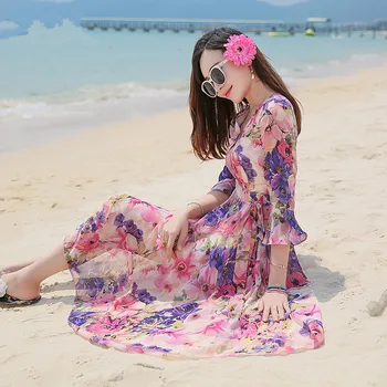 Manto de Chiffon de Pescoço de V Femme Slim Boêmio de Férias Vestido de Praia Feminino Floral Vestidos de Verão Para as Mulheres, Vestidos Mujer FYY529
