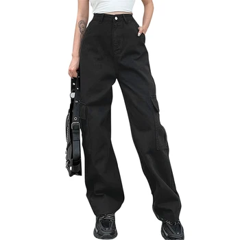Reta de senhoras de Calças de Y2K Senhoras da forma Solta de Brim de Senhoras-jogo de Moda Cor Sólida Grande Bolso Solto calça Jeans Reta