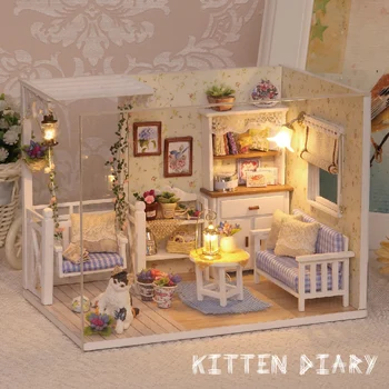 Casa de boneca Diy de Mobília em Miniatura em 3D de Madeira, Miniaturas Casa de bonecas Brinquedos para Crianças, Presentes de Aniversário Casa do Kit de Quarto Bonito Gato Casa
