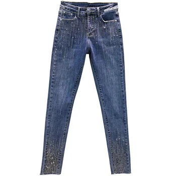 26-32!Moda diamante pés calças de brim das mulheres da primavera outono de cintura alta quente de perfuração skinny jeans lápis