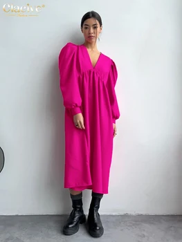 Clacive Moda Solta Vestidos De Cor-De-Rosa Para As Mulheres 2023 Elegante Profundo Decote Em V Lanterna Manga Midi Vestido Casual De Alta Wasit Feminino Vestido