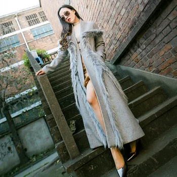 Mulheres Inverno Luxo Pele Decoração Elegante Casaco De Lã Extra Projeto De Longo Casaco De Lã