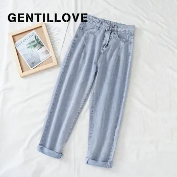 De jeans, Calças Femininas de Cintura Alta Jeans com Cinto Namorado Casual Botão Calças das Mulheres Streetwear 2021 Primavera de grandes dimensões de grandes dimensões