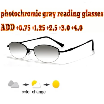 Fotossensíveis Cinza Leitura De Óculos De Armação De Metal Oval De Alta Qualidade Da Moda Homens Mulheres+1.0 +1.5 +1.75 +2.0 +2.5 +3 +3.5 +4