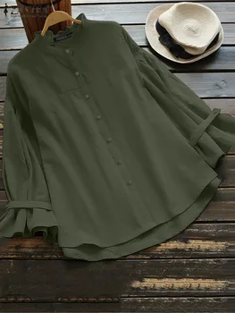 Moda Sólido Botão Laço Tops Outono Mulheres Babados Camisas de Trabalho Elegante Blusa ZANZEA Causal Longo Sleevedd O Pescoço Blusas 2022
