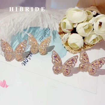 HIBRIDE Moda Elegante em Forma de Borboleta Brincos para Mulheres de Noiva, Acessórios de Festa CZ Brincos Brincos Grandes Bijoux E-945
