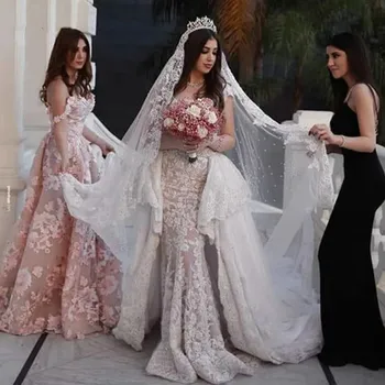 Modesto Trem da Varredura Dubai árabe Longo Sereia Vestidos de Noiva Manga Apliques de Rendas Babados, Vestidos de Noiva robe de mariée
