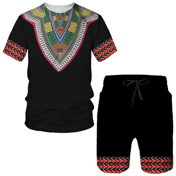 Étnicos Africanos Impresso T-Shirt/Shorts/Terno Casual Homens, Mulheres, Casal, 2 peças de Roupas Sportswear Conjunto de Verão, Moda masculina de Treino