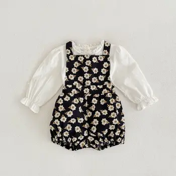 Primavera 2023 infantil vestuário meninas bordado casaquinho de topo impresso suspensórios de 2 peças de moda bebê conjuntos