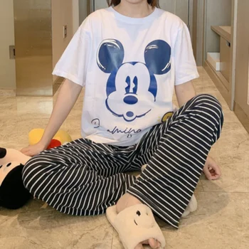 M-2XL Plus Size Disney Anime Mickey Mouse Casual Conjuntos De Mujer Verão de Impressão de T-Shirt e Calças Listradas Pijama Conjunto para Mulheres