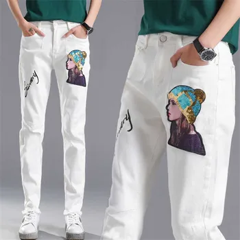 Verão Primavera Mulheres Brancas Calças Jeans Coreano Moda Slim Cartoon Graffiti Imprimir Esticada Calças Jeans Capris Cowboy Calças 88