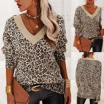 Lugentolo Leopard V Neck Sweater Mulheres Moda Outono Solta Manga Longa De Malha Encostar Camisola Das Mulheres